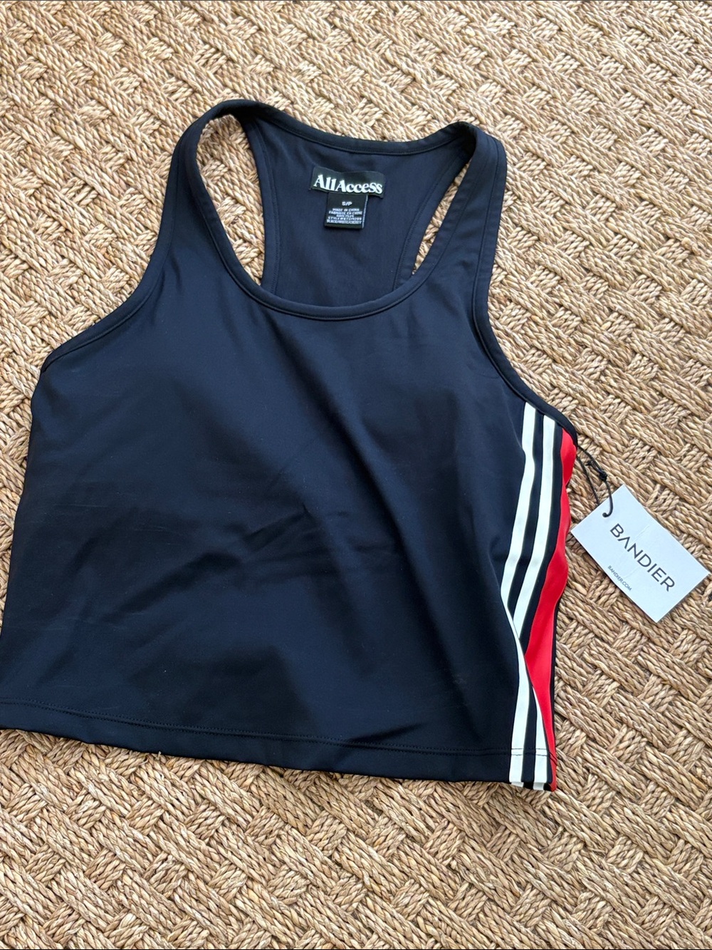 ALL ACCESS Black Racerback tank Crop Top with Red & White Side Stripes size S